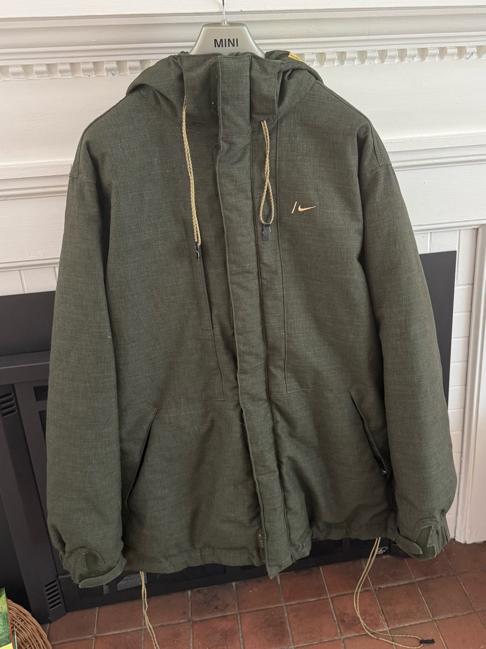Nike Olive Hooded Snowboarding Puffer Jacket with Gold Accents